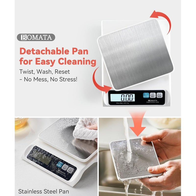 BOMATA 0.1g/ 13lb Food Scale, Digital Kitchen Scale with Removable Stainless Steel Pan, Backlit LCD Display, for Cooking, Baking B621 White - Image 3